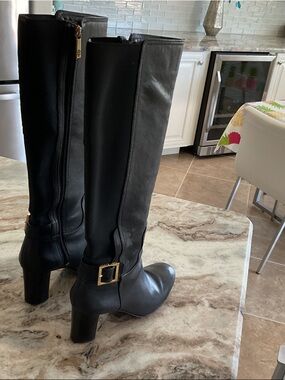 Tory Burch leather/stretch fabric high boots, gold zipper, plate on heel, size 9